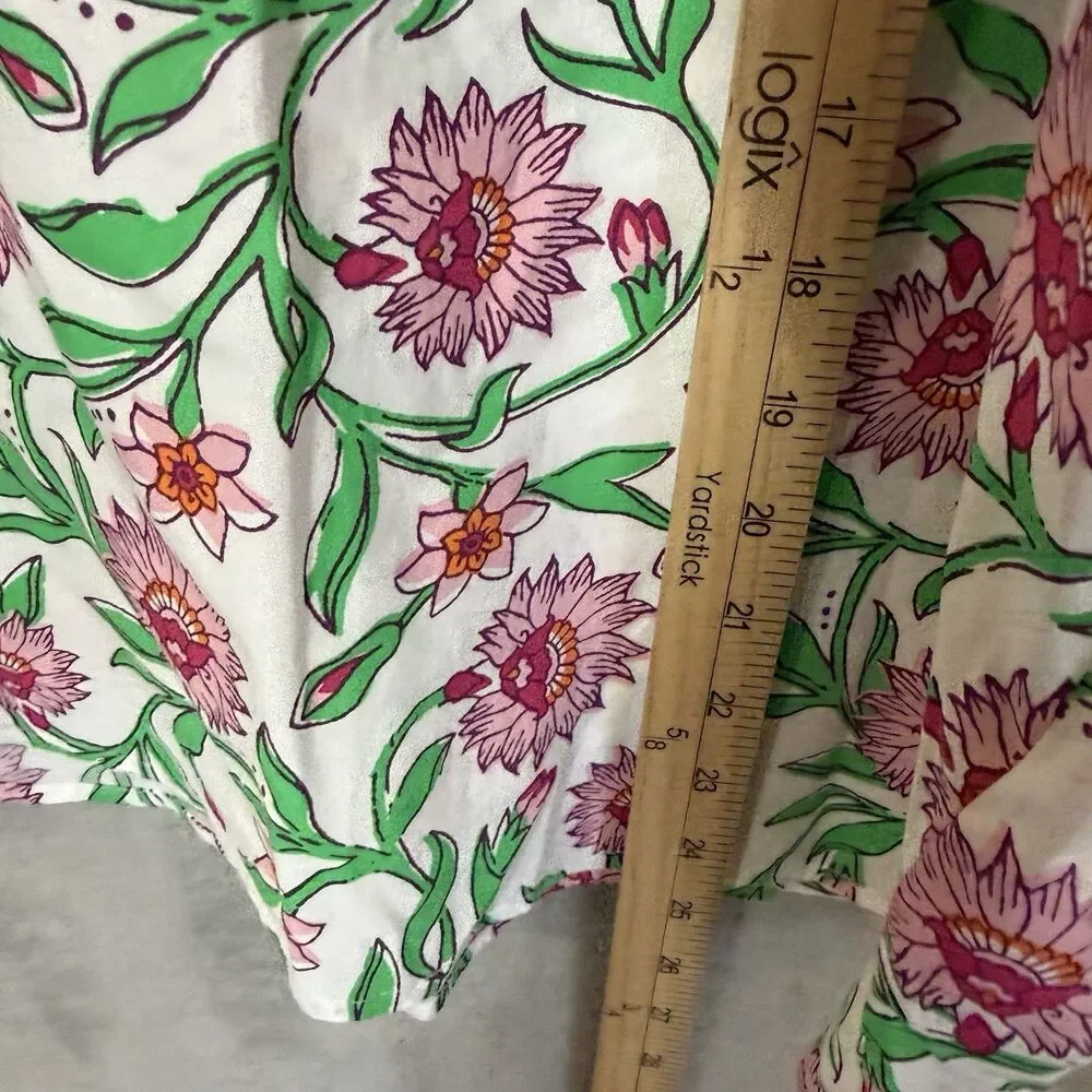 J Crew 2X Floral Top White Pink Green Short Sleeve V Neck Boxy Cotton Casual